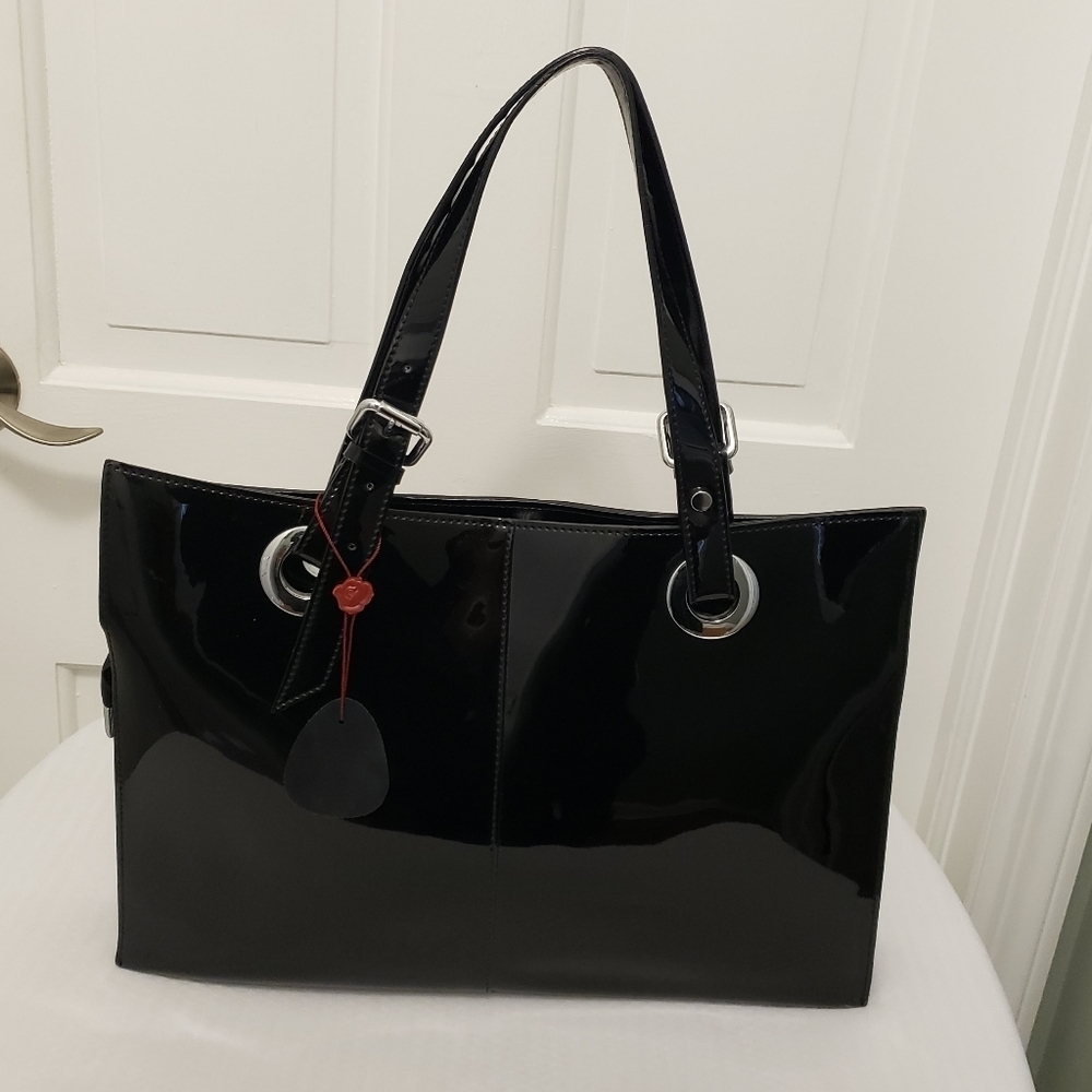 Black Shiny Patent Double Handle Tote, Business, Classic Sleek Contemporary